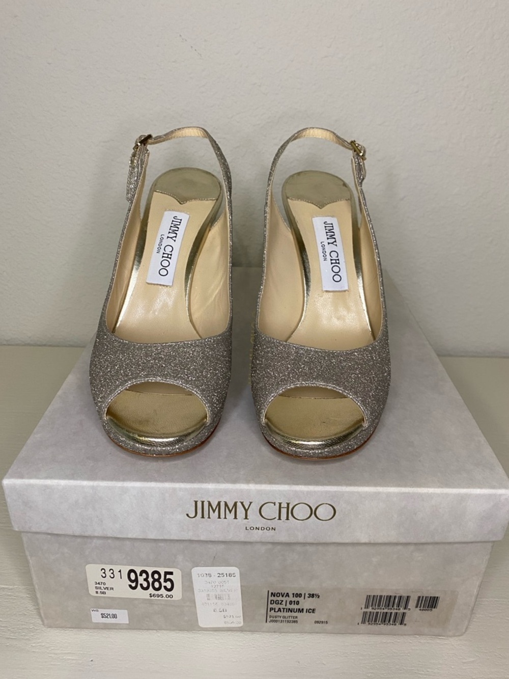 *NIB* Jimmy Choo Nova 100 Glitter Heels in Platinum Ice, size 38.5 (8.5 US)